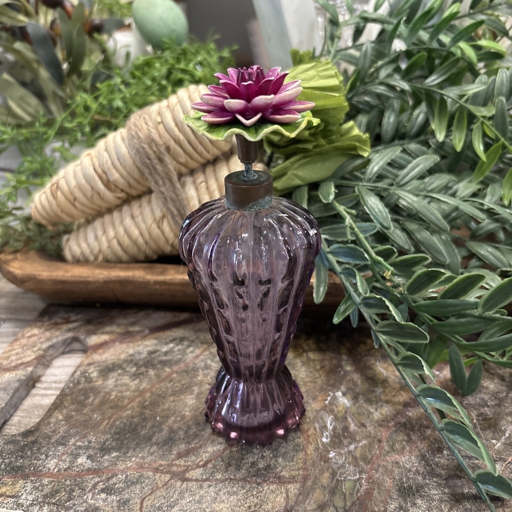 Vintage West Germany Violet Purple Bottle Atomizer with Flower Glows